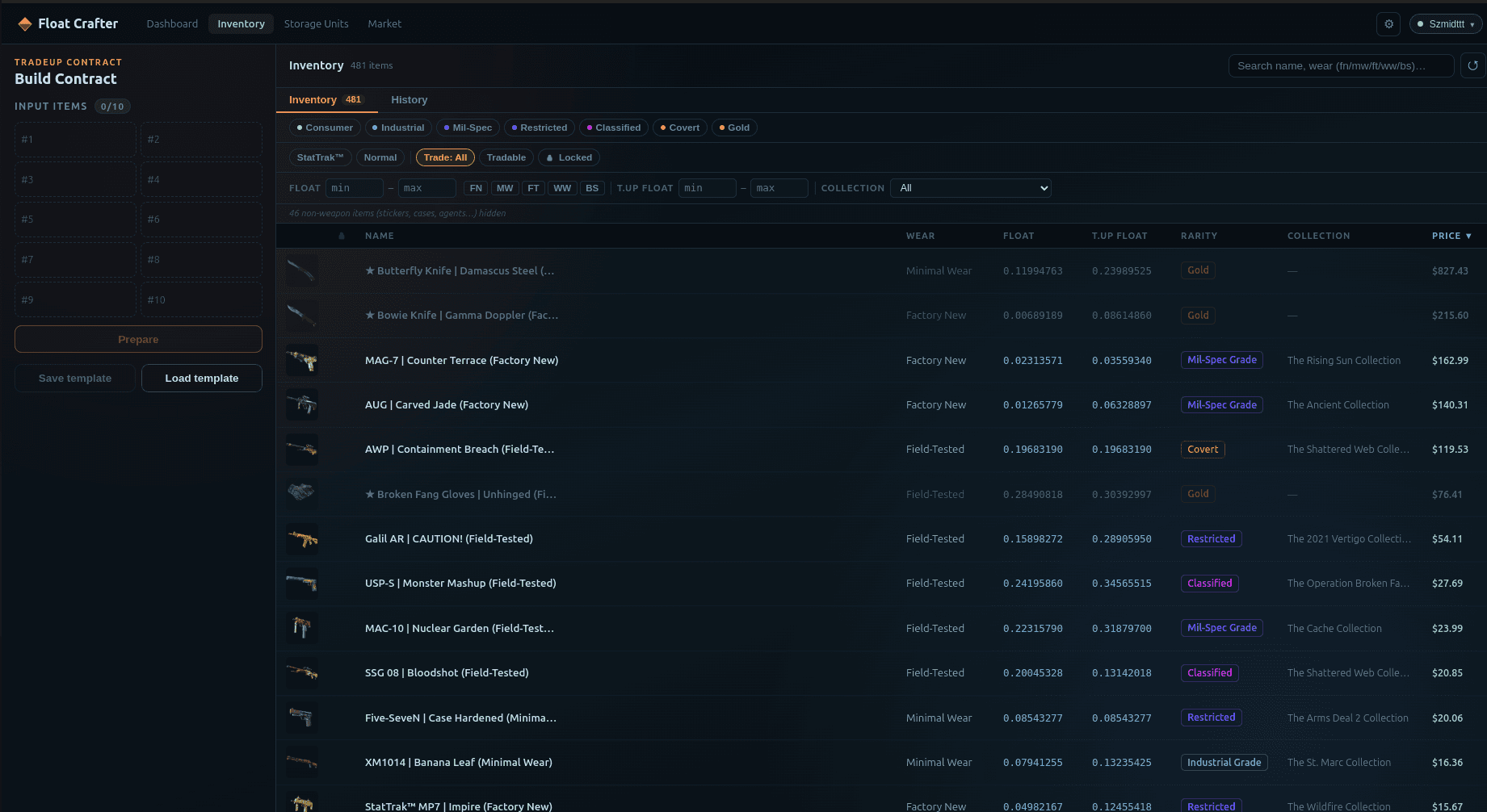FloatCrafter desktop app showing the trade-up builder and inventory browser